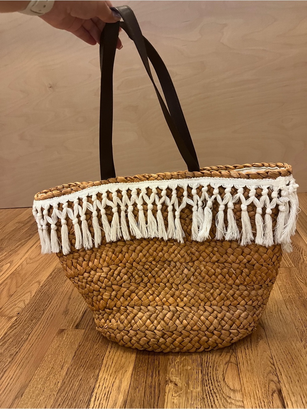Woven Straw Fringe Tote Bag with White Tassels
